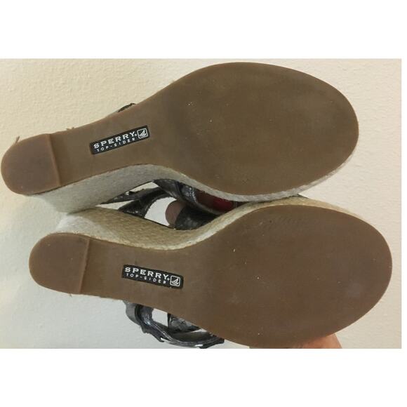 Sperry Top Sider Size 8 B 3 1/2" Rope Jute Wedge Heels Silver Snake Skin Straps - Picture 6 of 7